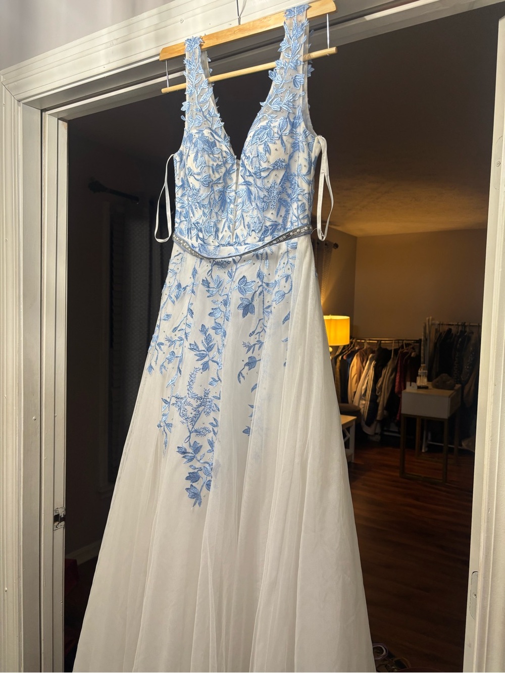 White and blue gown with blue floral embroidered Lace Bodice